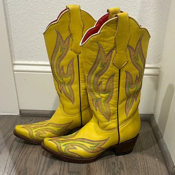 Planet Cowboy Psychedelic Yellow Western Cowboy Boots with Multicolor Stitching - Picture 11 of 11